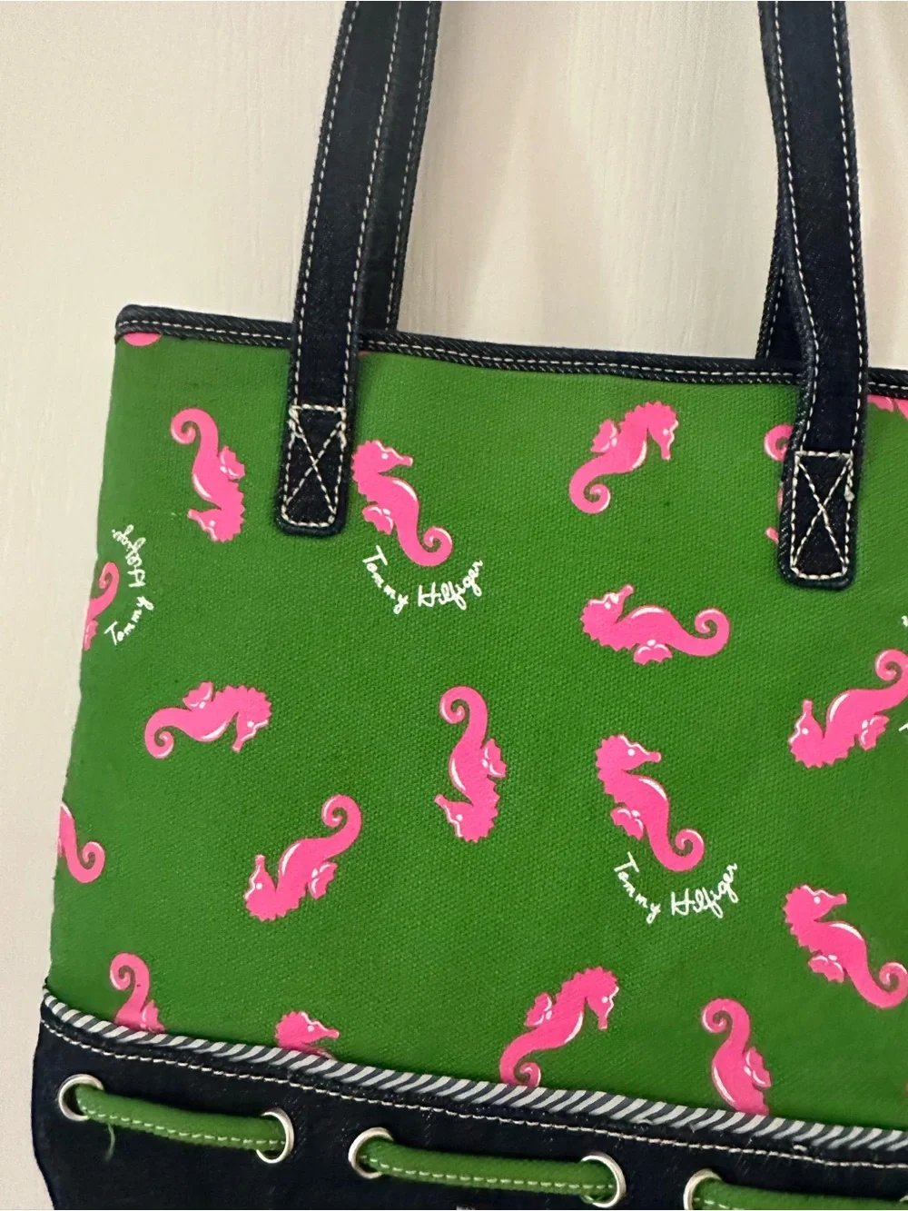 Tommy Hilfiger Green Tote Bag with Pink Seahorse Print plus Free Belt